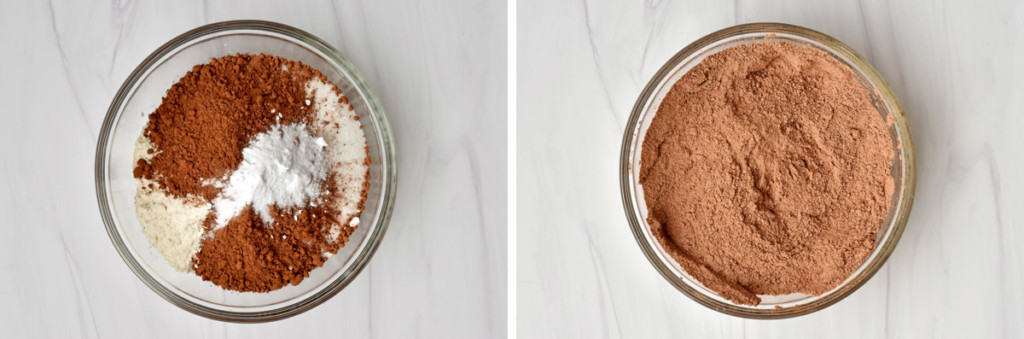 Image on left is overhead view of glass mixing bowl containing gf flour, sugar, cocoa powder, baking soda and salt. Image on the right is the same ingredients after being whisked together.