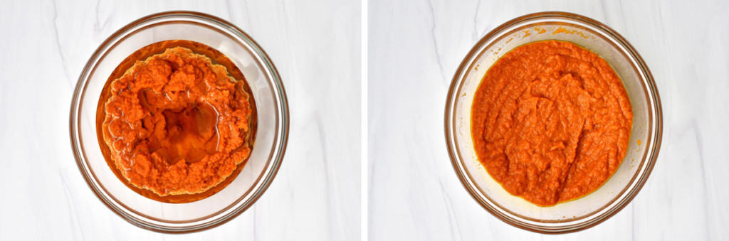 Image on the left is overhead view of glass mixing bowl containing pumpkin, vegetable oil, and vanilla. Image on the right is overhead view of same ingredients after being whisked together.