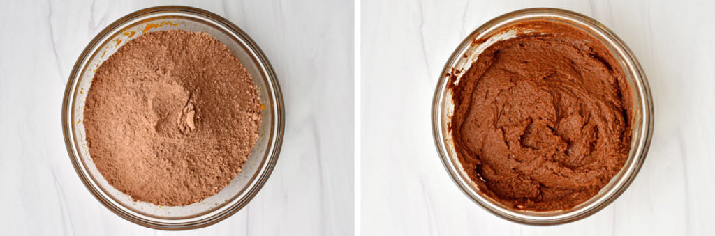 Image on left is overhead view of glass mixing bowl with dry ingredients being added to pumpkin mixture. Image on the right is overhead view of same bowl after ingredients have been stirred together.