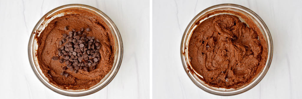 Image on left is overhead view of gluten free pumpkin brownie batter with chocolate chips on top. Image on the left is overhead view of batter after chocolate chips have been stirred into the batter.