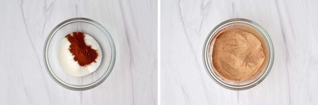 Image on the left is overhead view of small glass mixing bowl with granulated sugar and cinnamon. Image on the right is same bowl after the ingredients have been whisked together.
