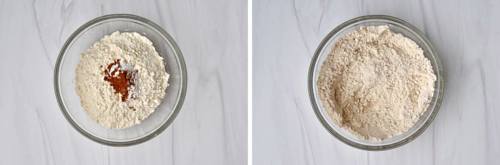 Image on the left is overhead view of gluten free flour blend, baking soda, pumpkin pie spice, cream of tartar, and salt in a glass mixing bowl. Image on the right is the same bowl after the ingredients have been whisked together.