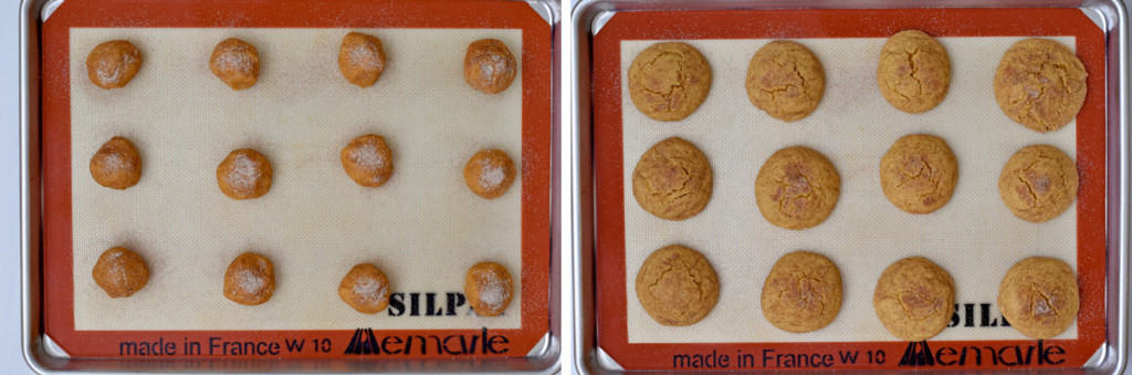 Image on the left if overhead view of gf pumpkin snickerdoodle dough balls on baking pan. Image on the right is the same pan after baking.
