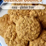 Overhead view of a plate filled with gluten free pumpkin oatmeal cookies with text and overlay near the top of image for Pinterest.