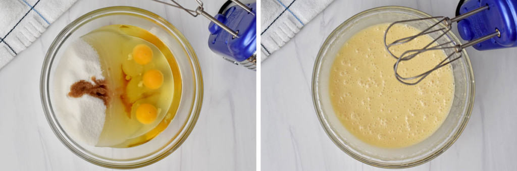 Overhead view of glass bowl with sugar, oil, egg, and vanilla on the left and same bowl after ingredients were beat together on the right.
