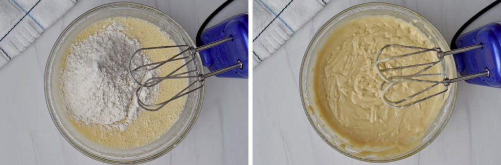 Overhead view of glass bowl with flour mixture being added to sugar mixture on the left and same bowl after ingredients were beat together on the right.