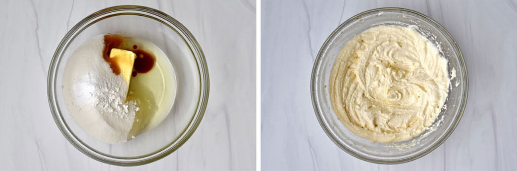 Left image is overhead view of glass mixing bowl with butter, oil, sugar, vanilla, baking soda, baking powder, and salt, and right image is the same bowl after mixing the ingredients together.