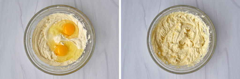 Left image is overhead view of eggs being added to the gluten free zucchini cake batter and right image is after the eggs were mixed in.