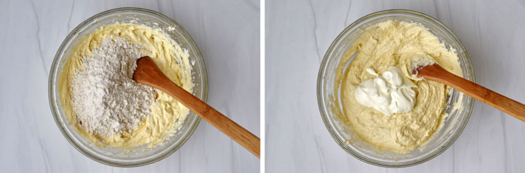 Left image is overhead view of gluten free flour being added to chocolate zucchini cake batter and right image is overhead view of sour cream being added to the same batter.