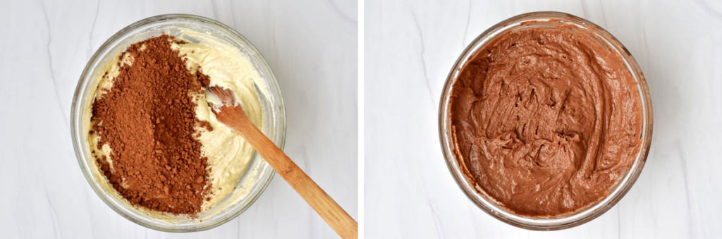Left image is overhead view of cocoa powder being added to gluten free chocolate zucchini batter and right image is after the cocoa powder has been stirred in.