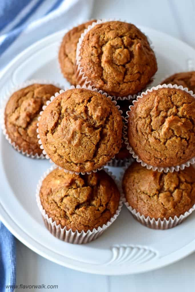Close up view of a round white plate filled with gluten free pumpkin banana muffins.