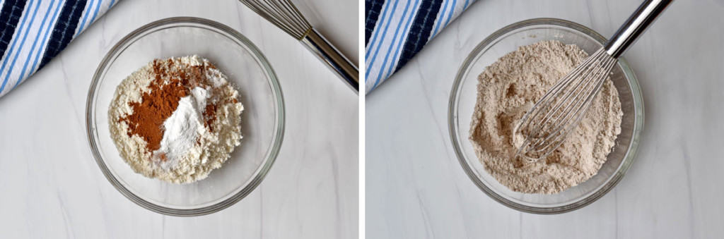 Image on left is overhead view of glass mixing bowl filled with dry ingredients for making gf pumpkin oatmeal cookies and image on the right is the same bowl after the ingredients have been whisked together.