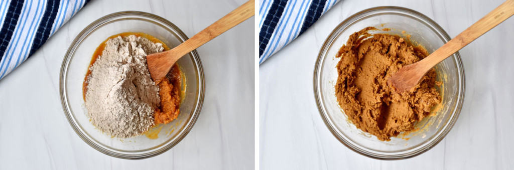 Left image is dry ingredients being added to wet ingredients in glass mixing bowl and image on the right is after the ingredients have been stirred together.