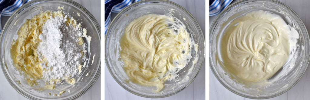 Left image is powdered sugar and almond extract added to cream cheese and butter. Center image is after the ingredients have been beaten together. Right image is cream cheese glaze after milk has been mixed in.