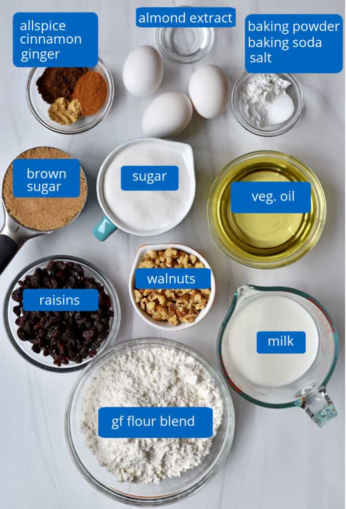 Overhead view of ingredients, with labels, for making gluten free spice cake.