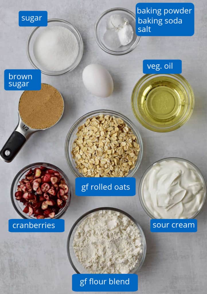 Overhead view of ingredients, with labels, for making gluten free cranberry muffins.