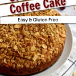 An uncut gluten free cranberry cake with text overlay, "Cranberry Coffee Cake, Easy & Gluten Free."
