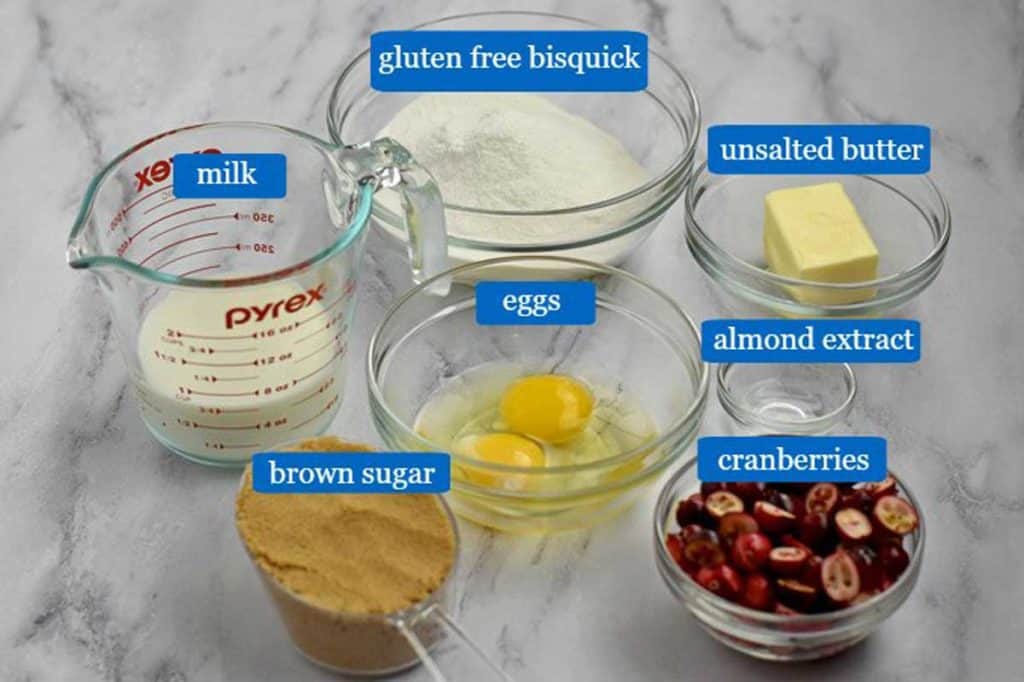 Ingredients, with labels, for making gluten free cranberry cake.