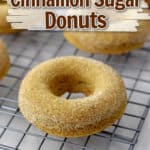 Gluten free cinnamon sugar donuts on wire rack with text overlay, "Easy & Gluten Free Cinnamon Sugar Donuts."