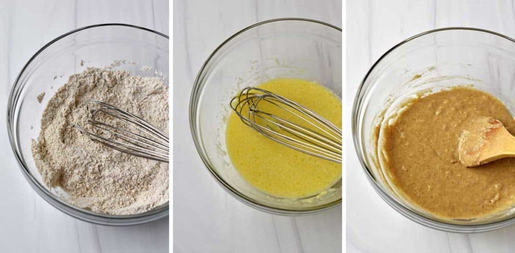 Dry ingredients and whisk in glass bowl; wet ingredients and whisk in glass bowl; dry ingredients and wet ingredients combined with wooden spoon in glass bowl.