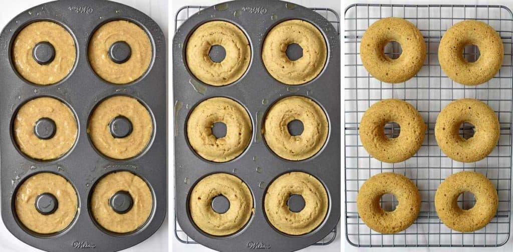 Donut batter in pan; baked donuts in pan; cinnamon sugar donuts cooling on wire rack.