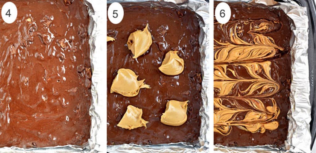 Left image is brownie batter in pan, middle image shows scoops of peanut butter on batter, right image is after peanut butter has been swirled into the brownie batter.
