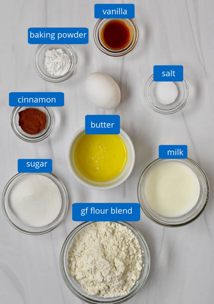 Ingredients, with labels, for making gluten free cinnamon sugar donuts.