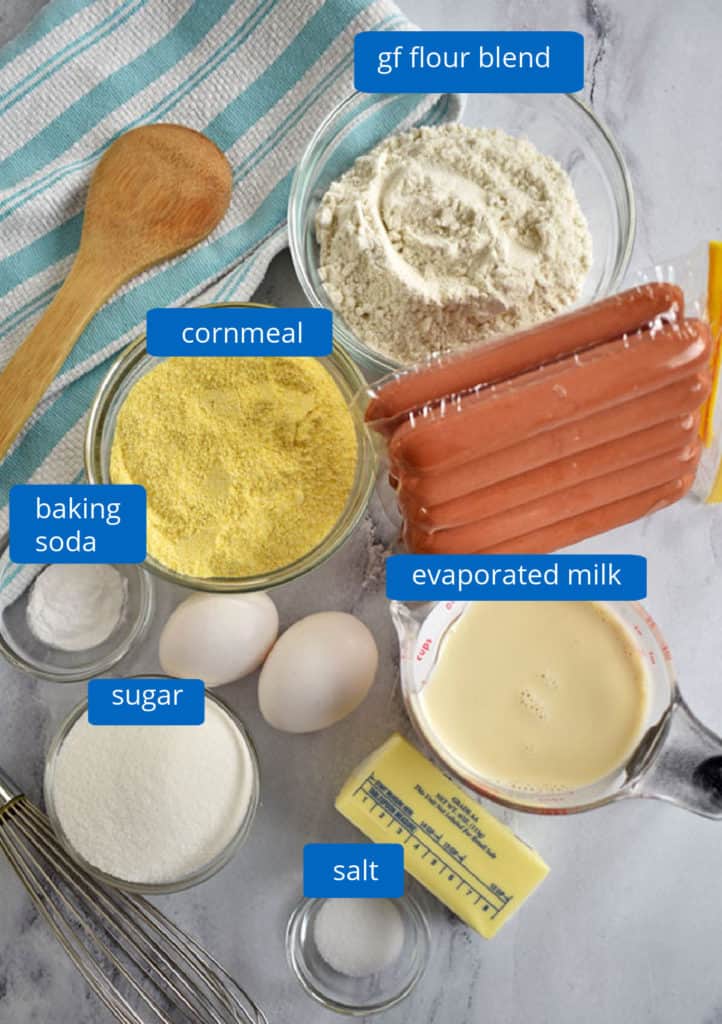 Ingredients, with labels, for making mini corn dog muffins.