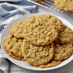 Close up view of a plate of gluten free peanut butter oatmeal cookies.