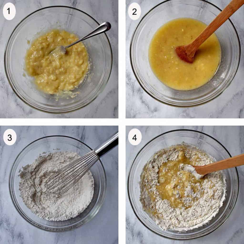 Image 1 is mashed bananas in glass mixing bowl, image 2 is wet ingredients for banana muffins mixed together, image 3 is dry ingredients whisked together, image 4 is dry ingredients being stirred together with wet ingredients.
