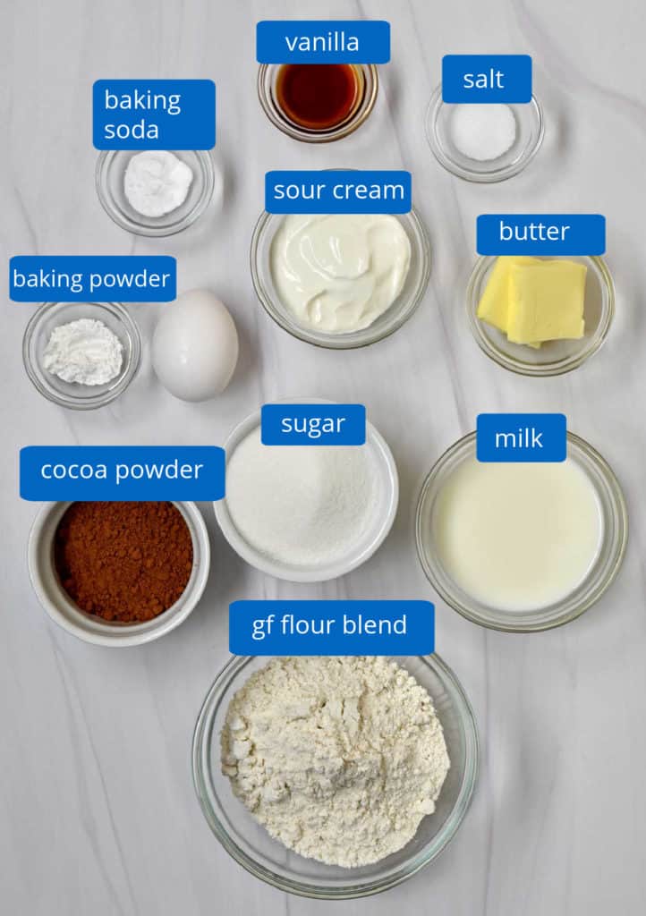 Ingredients, with labels, for making gluten free chocolate donuts.