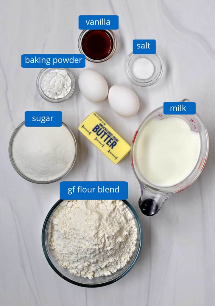 Ingredients, with labels, for easy gluten free cinnamon roll cake.