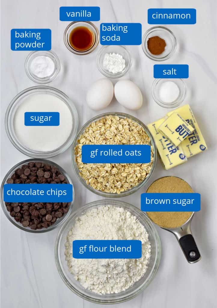 Ingredients, with labels, for making oatmeal chocolate chip bar cookies.