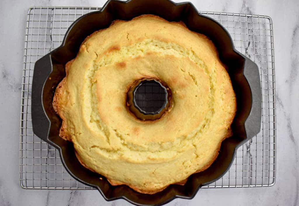 Baked gluten free lemon cake in Bundt pan.