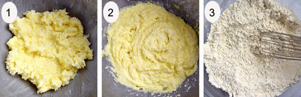 Image 1: butter, sugar, lemon zest creamed together; Image 2: butter mixture with eggs beaten in; Image 3: salt, baking powder, gluten free flour blend, and cornstarch whisked together.
