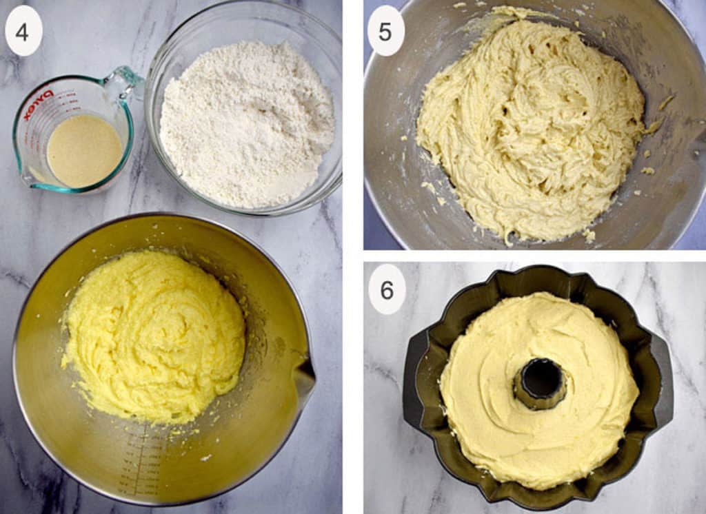 Image 4: batter for lemon cake prior to adding dry ingredients and milk mixture; Image 5: lemon cake batter in mixing bowl; Image 6: batter in Bundt pan.