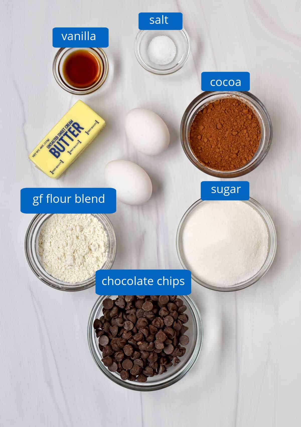 Ingredients, with labels, for easy gluten free double chocolate brownies.