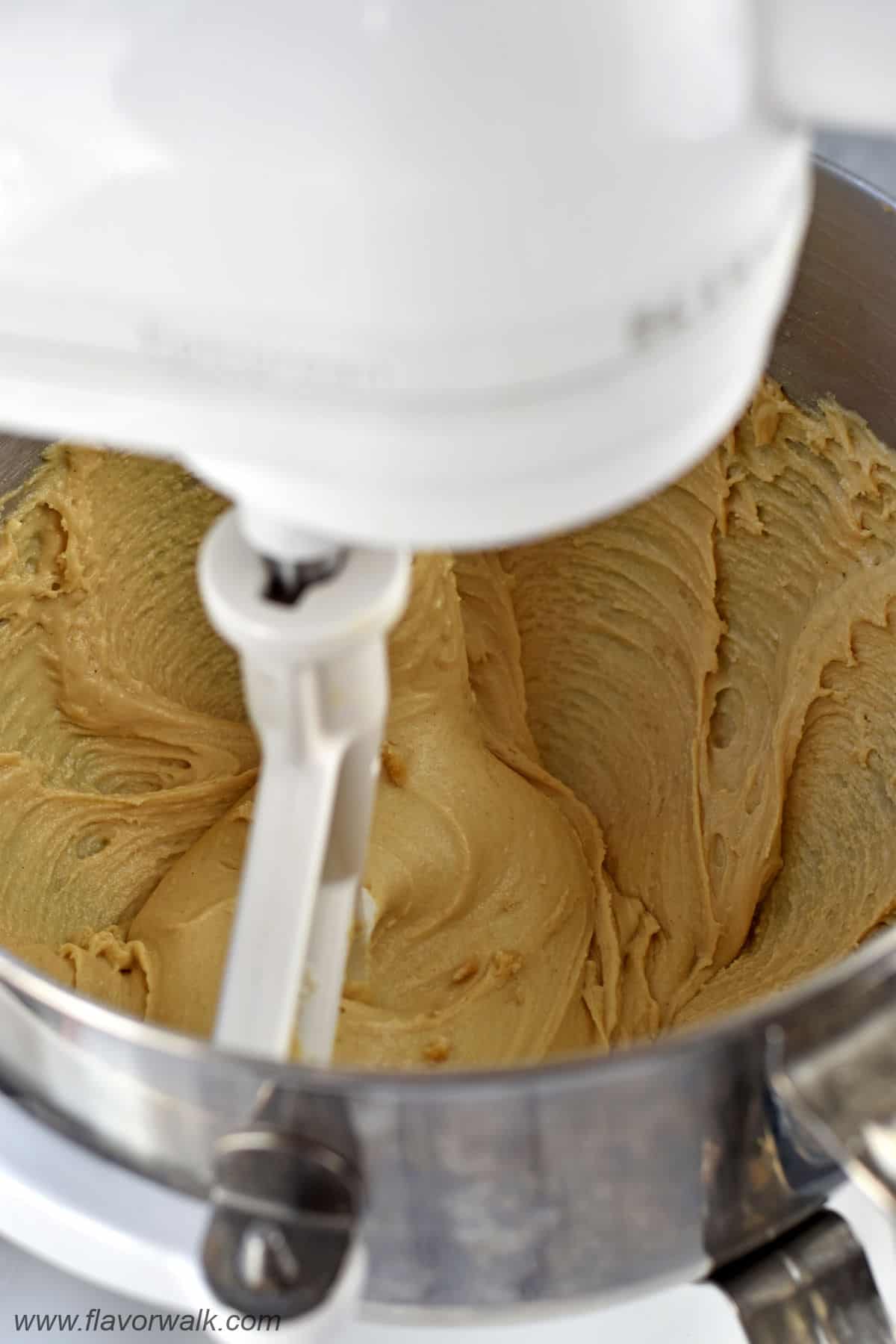 No bake cookie dough mixed together in the bowl of a stand mixer.