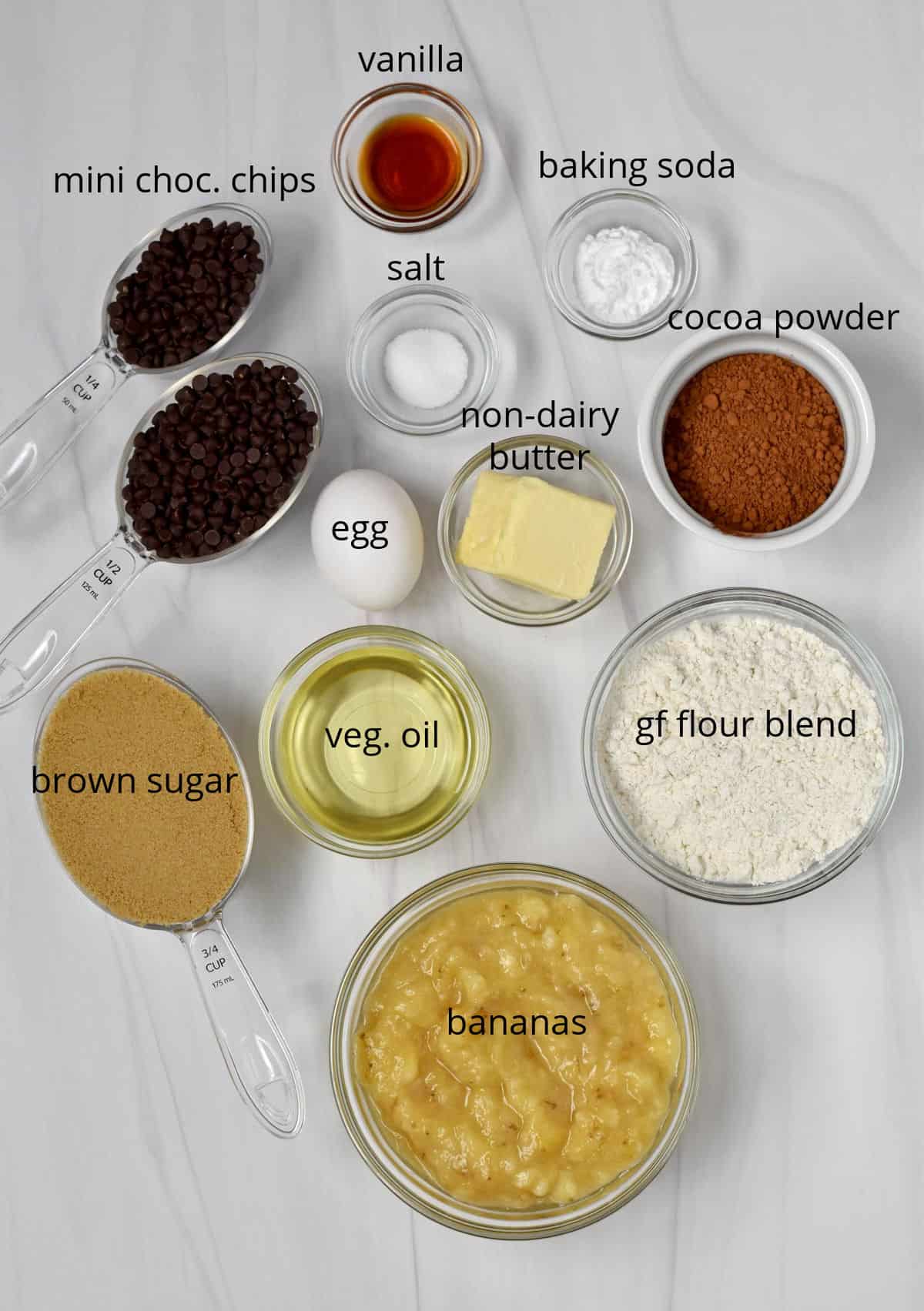 ingredients, with labels, for chocolate banana bread.
