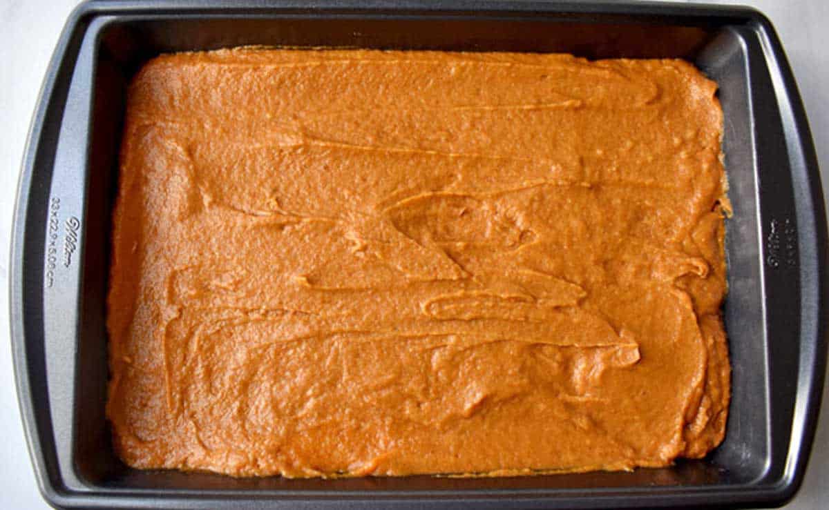 Batter for making gluten free pumpkin bars in 9x13-inch pan.