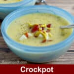 Two bowls of crockpot cheeseburger soup with text overlay, "Crockpot Cheeseburger Soup."