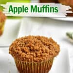 A gluten free apple muffin on a small white plate with text overlay, "Easy & Gluten Free Apple Muffins."