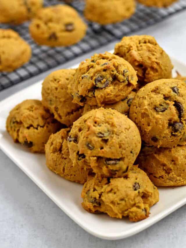 Gluten free chocolate chip pumpkin cookies on white plate.