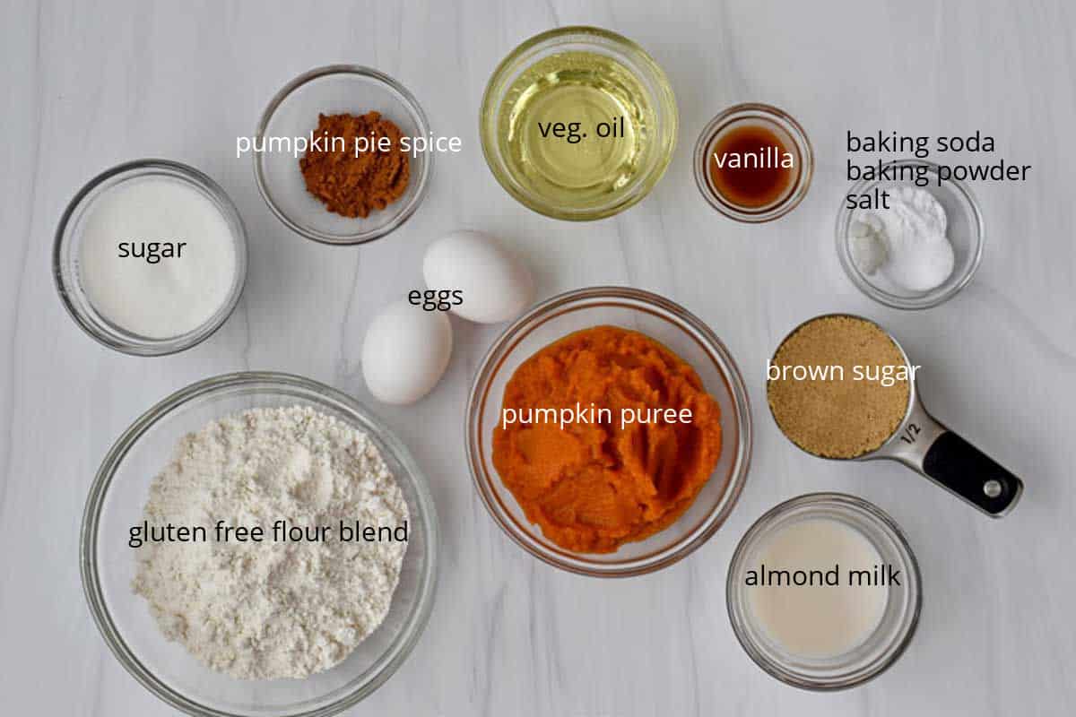 Ingredients, with labels, for gluten free pumpkin muffins