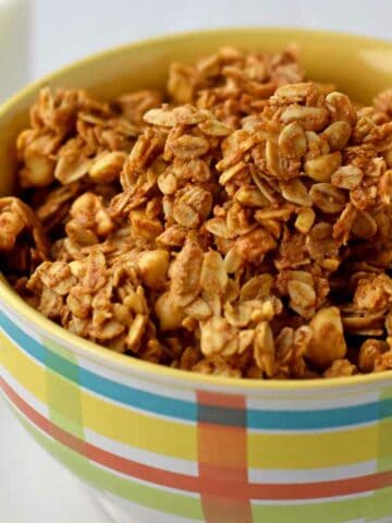 Peanut butter granola in a multi-colored cereal bowl.