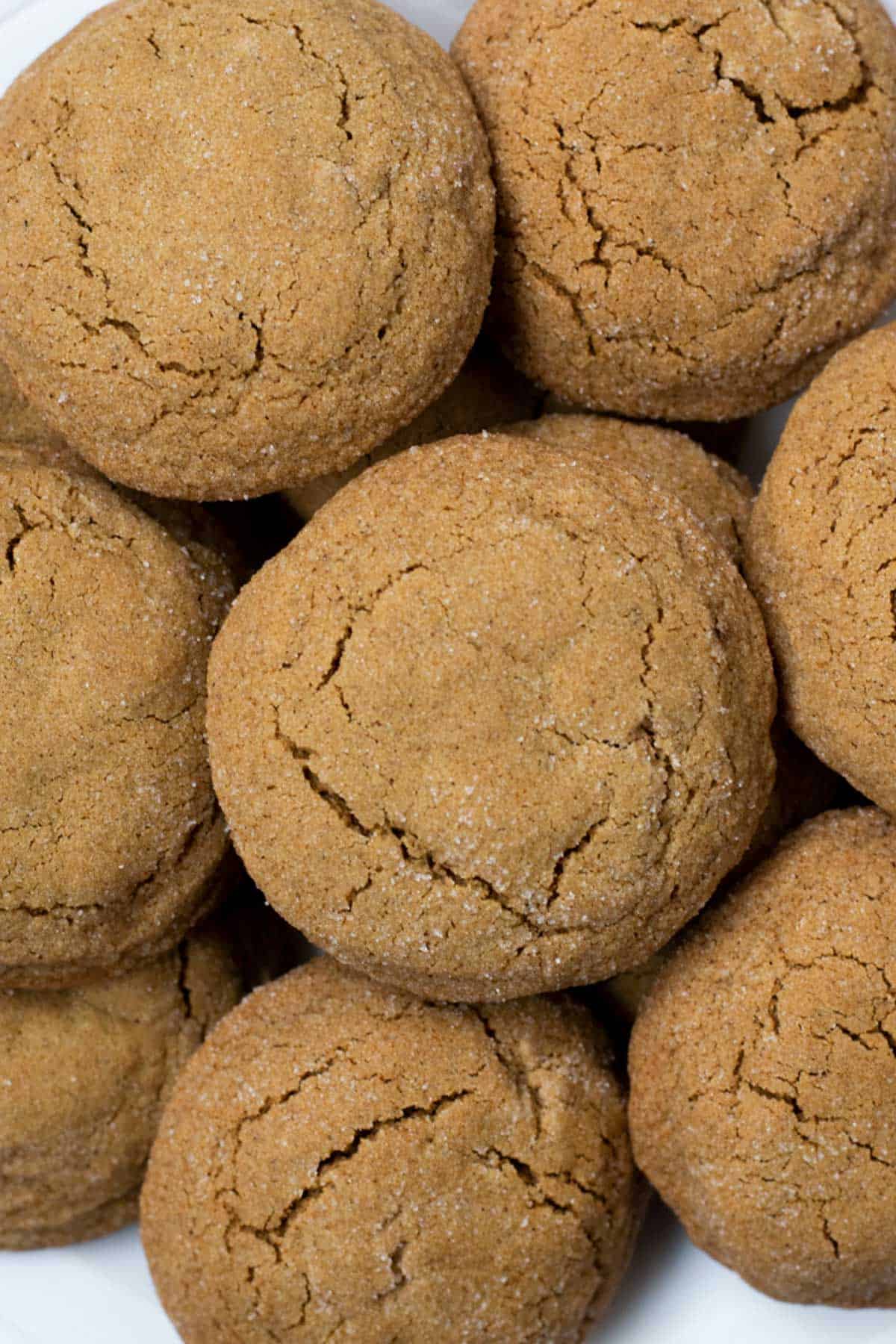 Top-down view of a plate of gluten free molasses cookies.