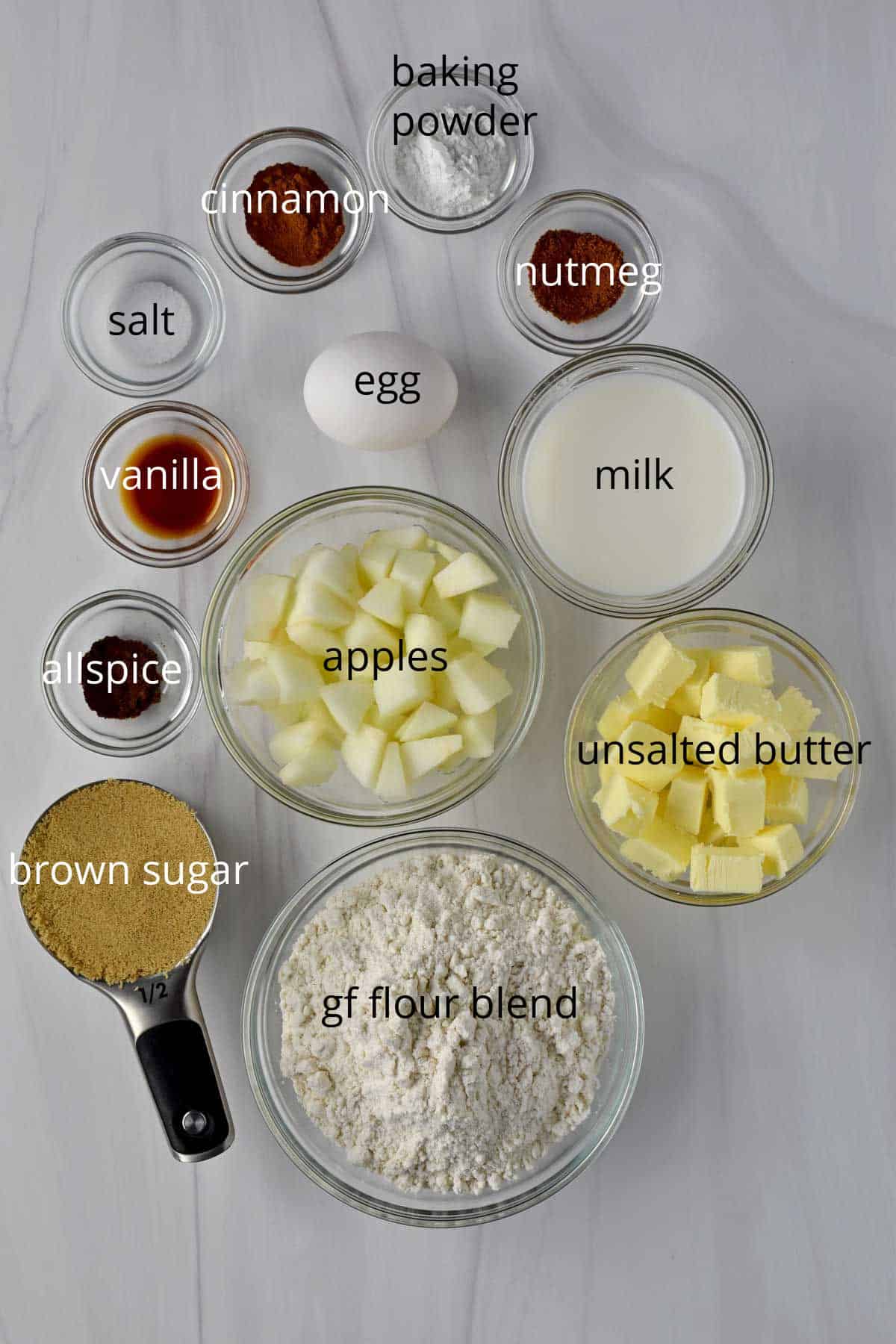 Ingredient, with labels, for making gluten free apple fritters.