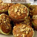 A stack of gluten free banana nut muffins on plate with text overlay, "Gluten Free Banana Nut Muffins."