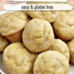 Gluten free baked donut holes piled on a plate with text overlay, "Glazed Donut Holes, Easy & Gluten Free."