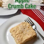 Two servings of gluten free apple crumb cake on small white plates and a red towel on the right with text overlay, "Easy & Gluten Free, Apple Crumb Cake."